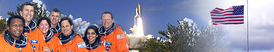 Composite Image of the STS-107 crew, launch and American flag